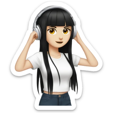 light-skinned girl, 1girl, dark hair, long black hair, bangs, black eyes, blunt  black bangs, white shirt, hime cut, headphones, chillhop sticker