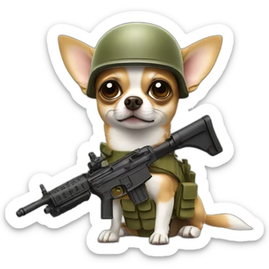 chihuahua with military helmet and a rifle on his hands sticker