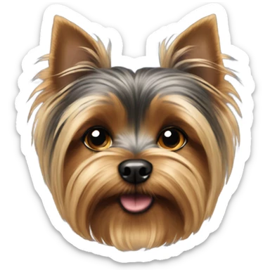 A small Yorkshire Terrier with fluffy golden-brown fur, black back, round face, perky ears, dark eyes, a small nose, and often a top bow or hair tie. sticker