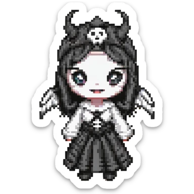 Change the color scheme to white and black, gothic kawaii phone case, big eyes, smiling, playful, cartoonish, gothic symbols, pixel art style, no background. sticker