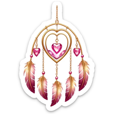 Reddish-pinkish and golden warm-colored romantic lush beautiful pretty hanging crystal-catcher aesthetic with hearts and sparkles and feathers sticker