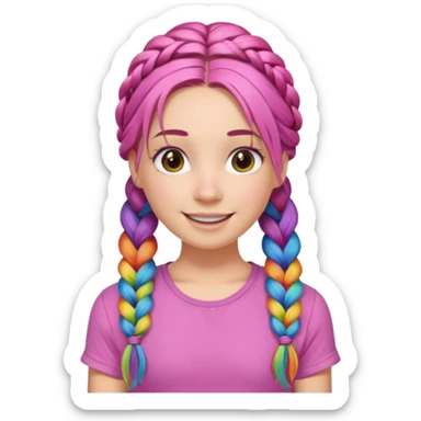 Woman with braided rainbow hair, happy — long braids, pink shirt sticker