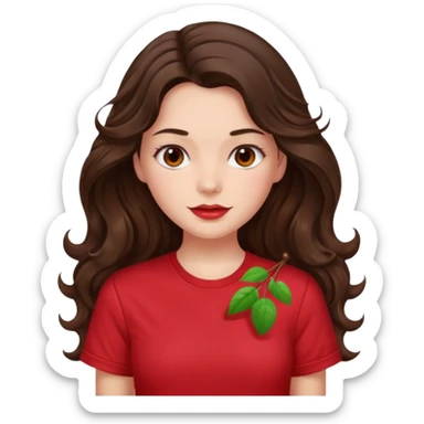 Brunette girl with long wavy hai length hair and blush, wearing cherry red tshirt sticker