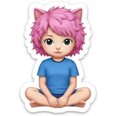 Black cat wearing a short curly pink hair wig, blue T-shirt sticker