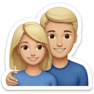 A blonde woman and brunette man rest their heads on each other smiling  sticker