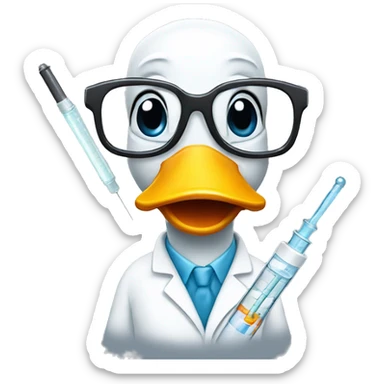 A duck wearing a labcoat and and glasses and holding syringe sticker