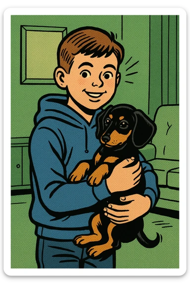 A modern day 10 year old wearing a blue hoodie with a black and tan puppy dachshund in a green living room sticker