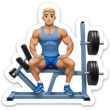 side-view bodybuilder in blue shorts seated weighted calf-raise machine on his tip toes sticker