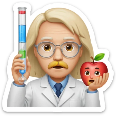 Mendeleev in a laboratory coat holding a test tube, surprised, apple emoji style sticker