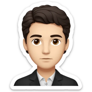 He’s a man with light to medium skin, a defined oval face, full brows, deep-set eyes, and wavy short dark brown tall tall hair styled with height, sides are trimmed. expression calm and focused relaxed black open-collar .polished, articulate, and coach vibe. sticker