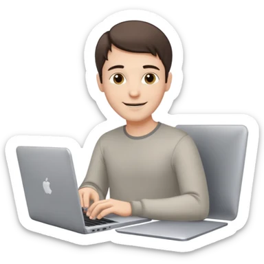 A white brunette man in his mid 20s, middle parted short hair, average dude with slightly droopy eyes, happy, using a silver laptop (no logo) sticker