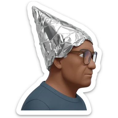 gere um emoji de um velho moreno de óculos olhando para o lado com um chapéu de papel alumínio em forma de cone sticker