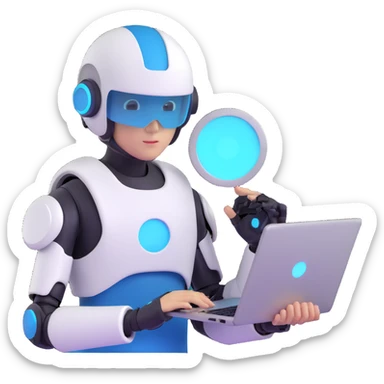 futuristic tech boy with robot helmet, glowing white circle, high-tech laptop, neon cyberpunk room, holographic displays, focused, mysterious sticker