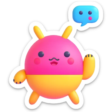 Retro game mascot — like a Tamagotchi-style AI creature, round and colorful with a speech bubble. sticker