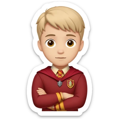 A young adult man slightly to the side looking forward with crossed arms wearing the Gryffindor uniform sticker