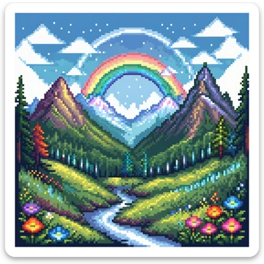 Enchanted meadow with rainbow and crystal mountains sticker