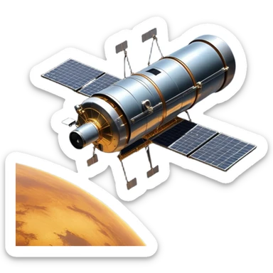 cinematic-realistic-hubble-space-telescope-emoji, an awe-inspiring, ultra-detailed depiction of the Hubble Space Telescope floating in space, its large, reflective metallic surface gleaming against the backdrop of the infinite blackness. The telescope's vast solar panels extend outwards, catching the light from distant stars, while its intricate, cylindrical body showcases advanced, precise engineering. The telescope's large, hexagonal lens is pointed towards the cosmos, surrounded by mechanical components, wires, and sensors. The detailed textures of the telescope’s metallic exterior, the shiny reflective coating, and the intricate grid-like solar panels are sharply contrasted against the void of space, with distant stars and nebulae faintly visible in the background, adding to the sense of scale and technological marvel; rendered with extreme realism and attention to detail. sticker
