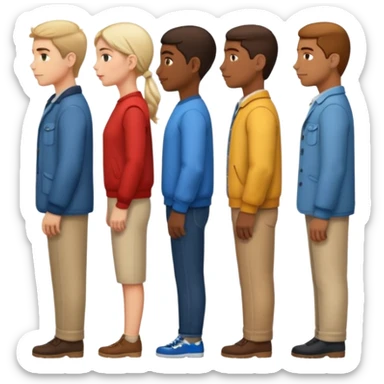 A row of five people standing one behind the other, all facing to the right, side view. sticker