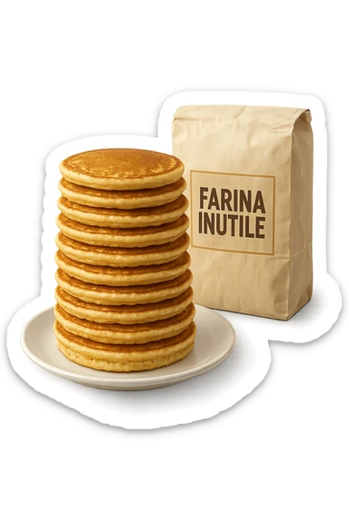 UN PIATTO CON TORRETTA DI PANCAKE E UN PACCO DI FARINA DIETRO CON LA SCRITTA "FARINA INUTILE" SUL PACCO,  iperrealistico 4k sticker