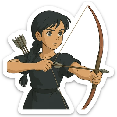 ghibli style girl with olive skin, gray eyes, black hair in a side braid, black outfit, bow and arrow sticker