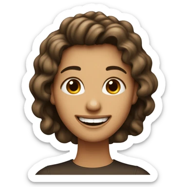 emoji de iPhone de una chica de pelo largo castaño oscuro con flequillos sonriendo ojos color cafe oscuro  sticker