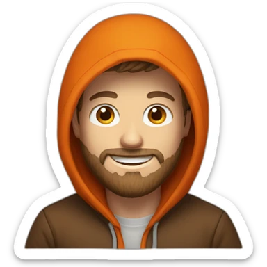 white dude smiling with a brown beard and short brown hair with an orange hooded hoodie with the hoodie letters "Posh" sticker