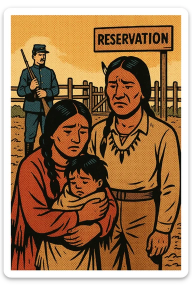 A native american family in the 1880s with a mother, father and small child looking sad. They are standing in a native American reservation with a US soldier from the 1880s with his rifle guarding a wooden reservation fence. There is a sign saying reservation in the background.  The ground is poor quality dry soil. sticker
