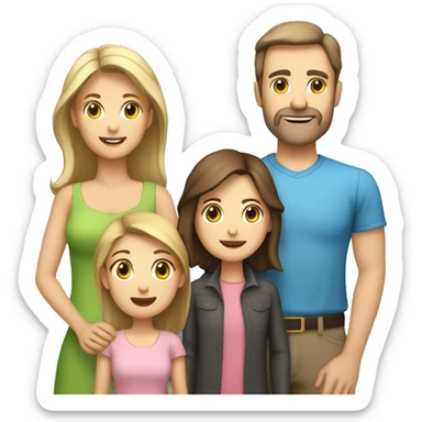 Family, brown haired mother, dad with dark receding hair, blonde daughter, brunette older brother with short beard and older sister with light brown hair, all Caucasian  sticker