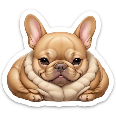 Cinematic Meme-Worthy Chubby Sleeping Fawn French Bulldog Portrait Emoji, Head resting peacefully with a contented smile, showcasing a delightfully chubby build and a luxuriously soft fawn coat, eyes shut in a serene nap, Simplified yet hilariously adorable features, highly detailed, glowing with a soft, drowsy light, high shine, relaxed and utterly lovable, stylized with an air of playful laziness, bright and heartwarming, soft glowing outline, capturing the essence of a comically sleepy companion, so meme-worthy it feels like it could instantly become the next viral sensation of adorable slumber! sticker