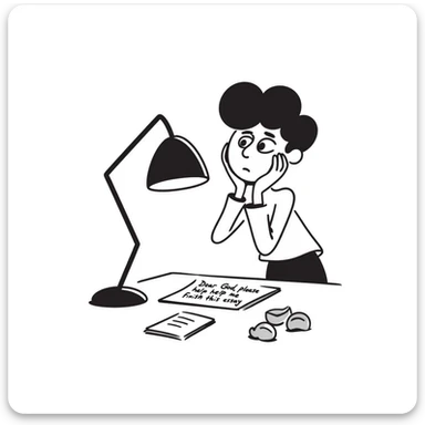 Stressed student writing an essay that begins with "Dear God, please help me finish this essay" in sketchy handwriting sticker