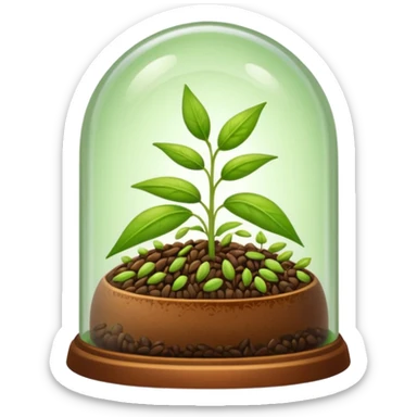 a pile of seeds at the right side and a germinating seed under a glass dome near . Transparent background sticker