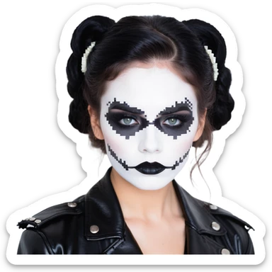 Chucky's bride with black lipstick, black dress, leather jacket, and smoky eye makeup sticker