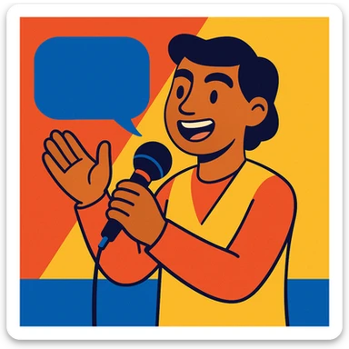 a cartoon person sharing their beliefs, speaking into a microphone, confident and sincere sticker