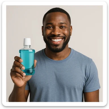 A Black man holding a bottle of mouthwash and smiling, clear and friendly expression, simple background. sticker