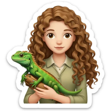 girl with wavy/curly light brown long hair, holding an iguana  sticker