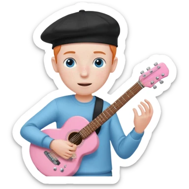 Pale man with light freckles and blue eyes wearing black cap playing a shell pink guitar sticker