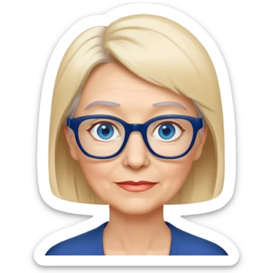 older Woman with short straight blonde hair, navy blue glasses and blue eyes sticker