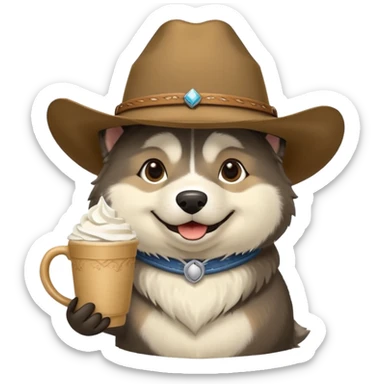 Agouti (more black and cream, some tan) Malamute dog wearing cowboy hat and smiling with cup of whipped cream sticker