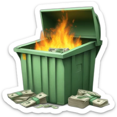 Dumpster fire with dollar bills sticker