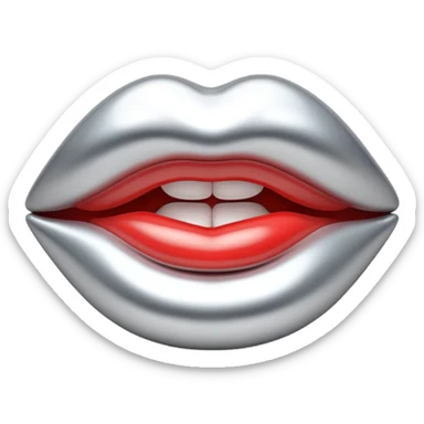 female lips emoji, smooth liquid metal chrome surface, sculpted shape, high-gloss reflections, monochrome futuristic 3D style, isolated on white sticker