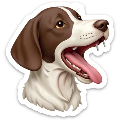 Cinematic Cute Yawning German Pointer Portrait Emoji, Head tilted slightly with a dramatic, wide-open yawn, revealing a sleek liver and white coat with a crisp finish, floppy ears slightly drooping, round brown eyes barely open in drowsy contentment, Simplified yet irresistibly adorable features, highly detailed, glowing with a soft, cozy glow, high shine, relaxed yet expressive, stylized with a touch of whimsy, bright and endearing, soft glowing outline, capturing the essence of a sleepy yet affectionate hunter, so drowsy it feels like it could stretch out of the screen and curl up for a nap! sticker