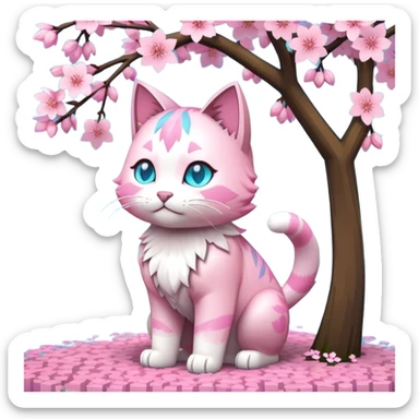 Cyan cat hold TNT from the game Minecraft standing under the sakura tree  sticker