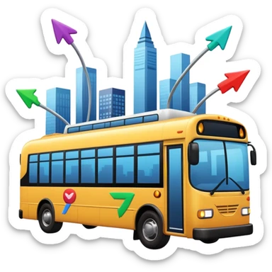 a modern bus at an angle with three colorful arrows pointing to city icons, Apple emoji style sticker