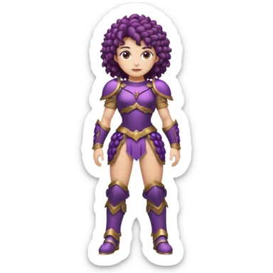 full body woman short curly brown mullet brown eyes white skin muscular build grape cluster armor outfit sticker