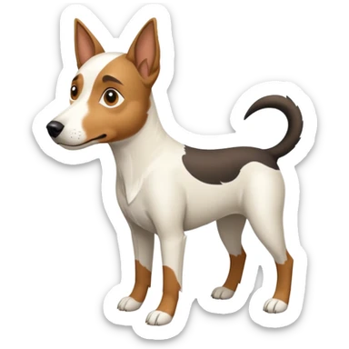 a full body large white parson russell looking dog the size of a kelpie with light brown flapped down ears and a light brown patch on one eye and a large snout sticker