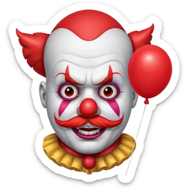 Angry clown — furrowed brow, mustache, tiny hat, hold red balloon sticker