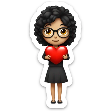 girl with black hair and glasses hugging a red heart  sticker