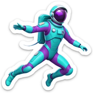 Stylized futuristic astronaut in mid-flight pose, sleek purple and neon teal suit, flat vector design, heroic silhouette, dynamic diagonal motion lines sticker