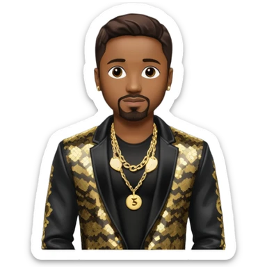Teddy Riley with dark brown hair, black sequin jacket, shirtless with necklace  sticker