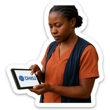 community health worker holding a device showing DHIS2 logo, focused on data collection sticker